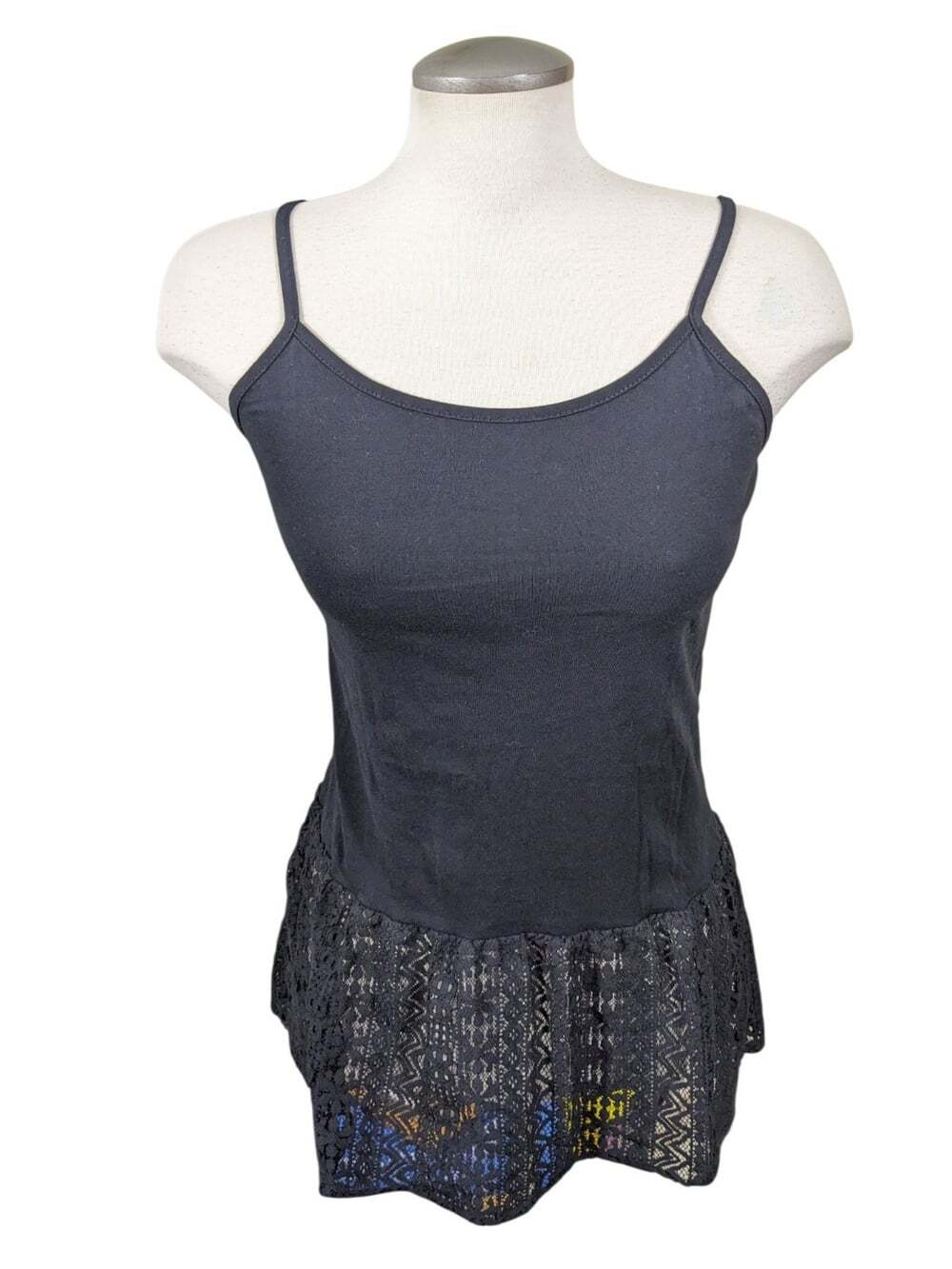 Womens Vintage Boho Chic Lace Peplum Cami Top Cottage Coquette Black Size Small